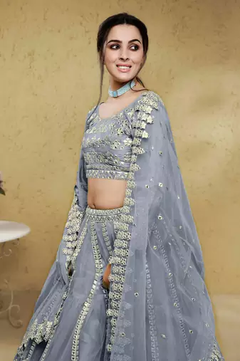 grey foil work net lehenga set choli with dupatta with dupatta