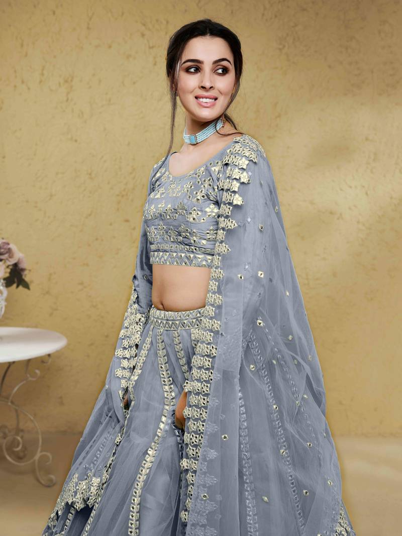 Gorgeous Grey Foil Work Net Reception Wear Lehenga Choli With Dupatta