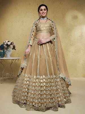 beige foil work net wedding lehenga set choli with dupatta with dupatta 1