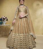 Stunning Beige Foil Work Net Wedding Lehenga Choli With Dupatta