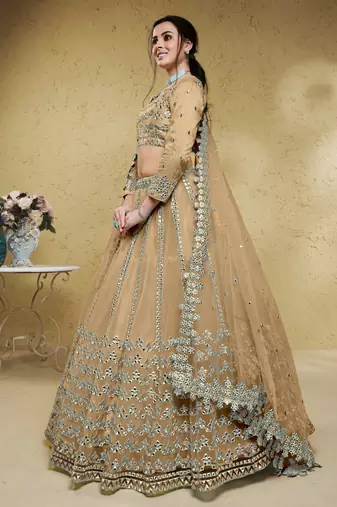 beige foil work net wedding lehenga set choli with dupatta with dupatta