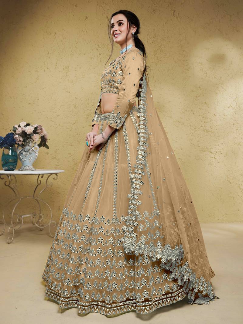 Stunning Beige Foil Work Net Wedding Lehenga Choli With Dupatta