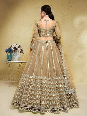 beige foil work net wedding lehenga set choli with dupatta with dupatta 3
