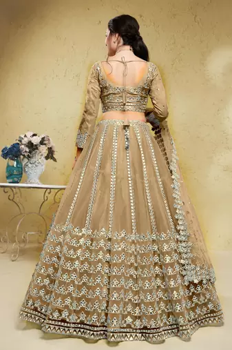 beige foil work net wedding lehenga set choli with dupatta with dupatta