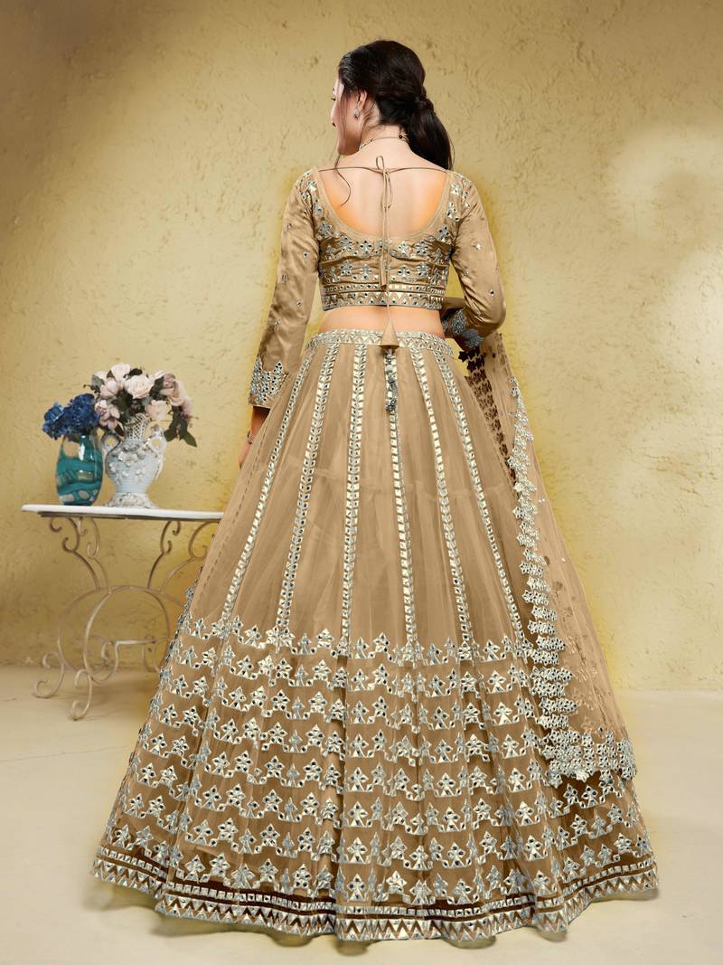 Stunning Beige Foil Work Net Wedding Lehenga Choli With Dupatta