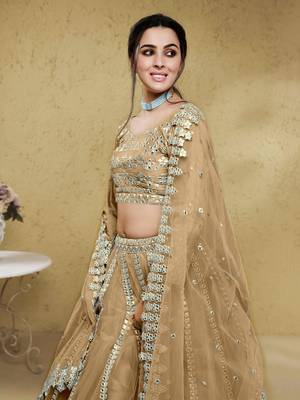 beige foil work net wedding lehenga set choli with dupatta with dupatta 4