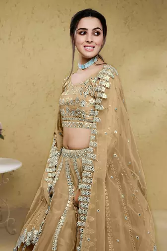 beige foil work net wedding lehenga set choli with dupatta with dupatta