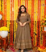 Women's brown faux georgette zari embroidery with sequence work gown with dupatta