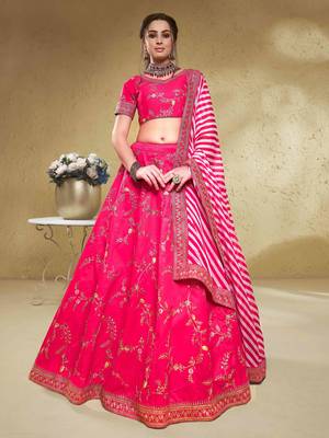  pink thread embroidered silk lehenga set choli with dupatta 1
