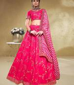  pink thread embroidered silk lehenga set choli with dupatta