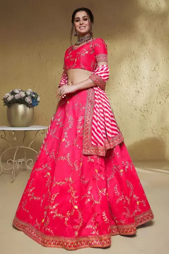  pink thread embroidered silk lehenga set choli with dupatta