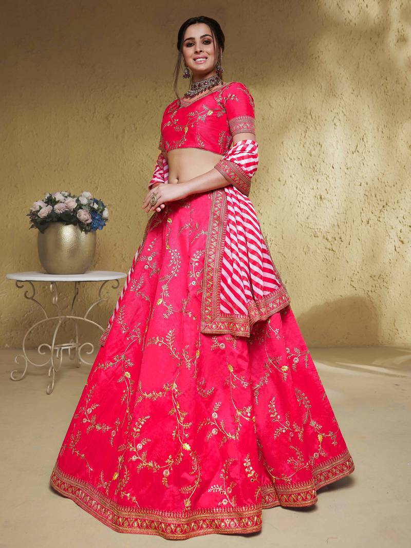 Captivating Pink Thread Embroidered Silk Bridesmaid Lehenga Choli