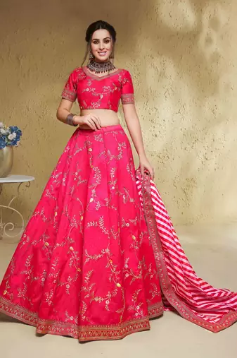  pink thread embroidered silk lehenga set choli with dupatta