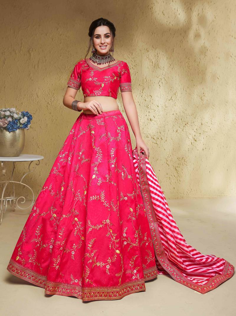 Captivating Pink Thread Embroidered Silk Bridesmaid Lehenga Choli