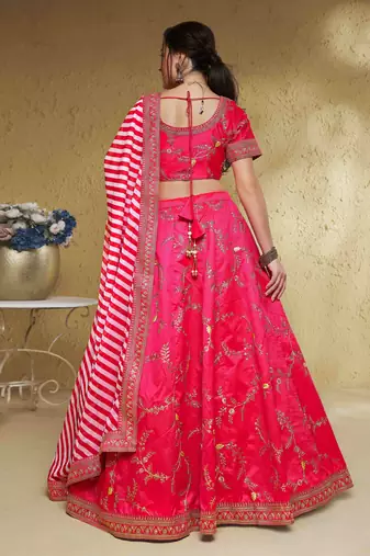  pink thread embroidered silk lehenga set choli with dupatta