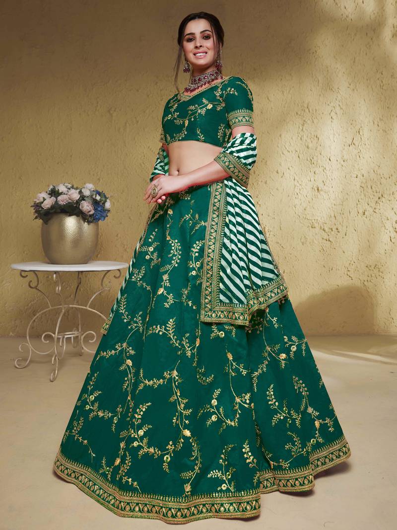 Charming Green Thread Embroidered Silk Mehendi Wear Lehenga Choli