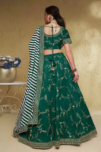 Charming Green Thread Embroidered Silk Mehendi Wear Lehenga Choli