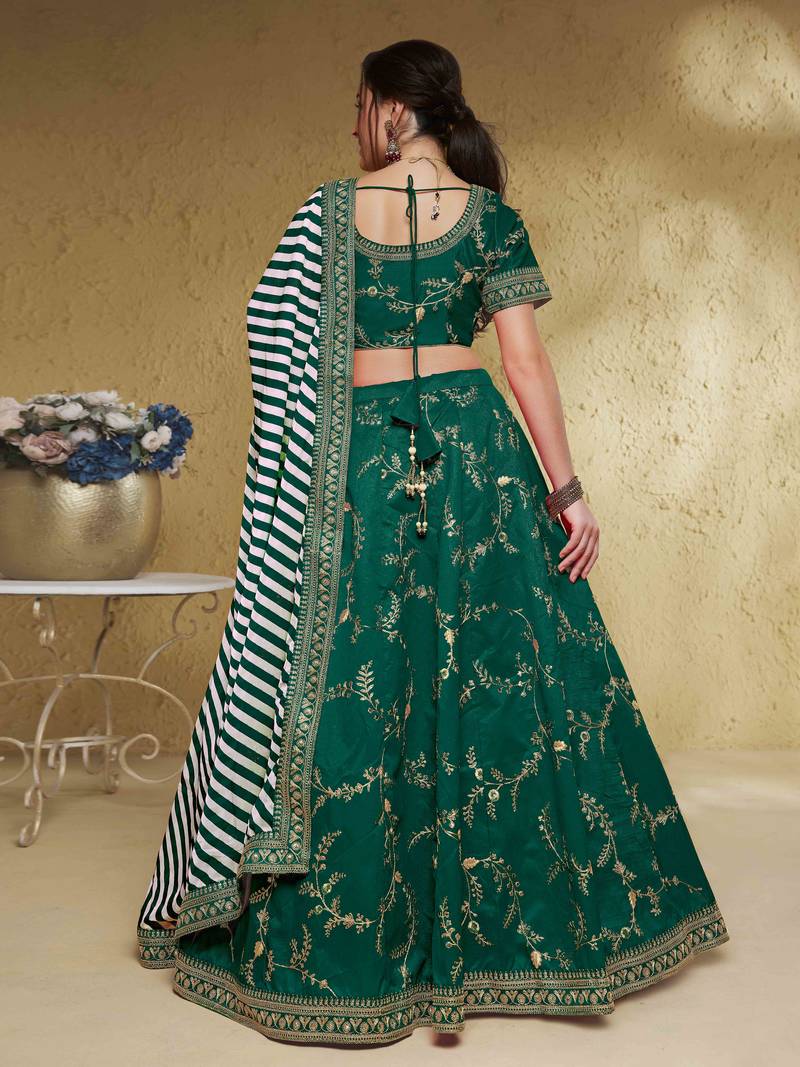 Charming Green Thread Embroidered Silk Mehendi Wear Lehenga Choli