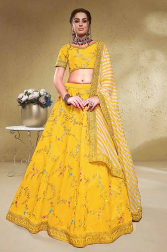 Magnetic Yellow Embroidery Mulberry Silk Wedding Lehenga Choli