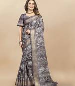 Grey  Cotton Saree With Unstitched Blouse Piece