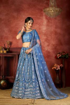Blue Embroidered Net Circular Semi Stitched Lehenga With Blouse Up To 42" Size 1