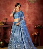 Blue Embroidered Net Circular Semi Stitched Lehenga With Blouse Up To 42" Size