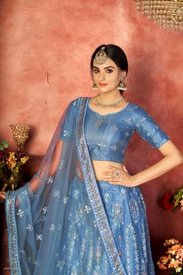 Blue Embroidered Net Circular Semi Stitched Lehenga With Blouse Up To 42" Size 2