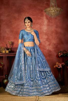 Blue Embroidered Net Circular Semi Stitched Lehenga With Blouse Up To 42" Size 3