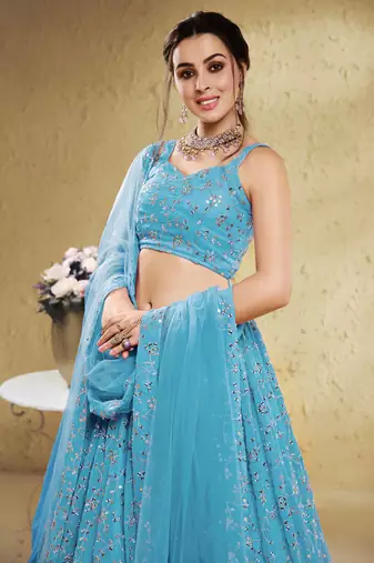  sky blue embroidered georgette lehenga set choli with dupatta
