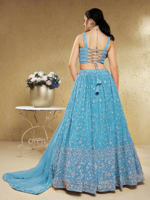  sky blue embroidered georgette lehenga set choli with dupatta 3