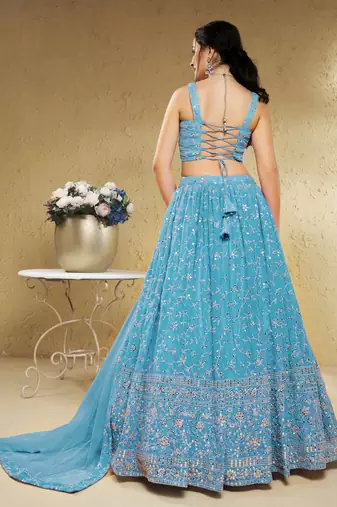  sky blue embroidered georgette lehenga set choli with dupatta