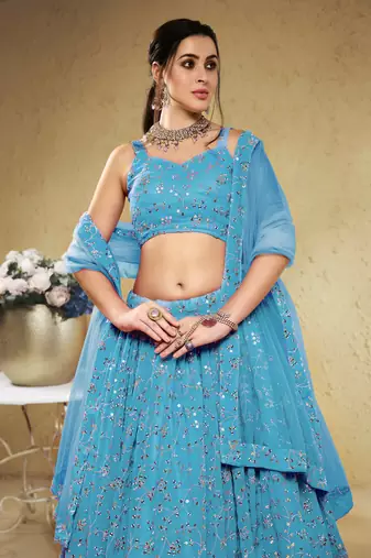  sky blue embroidered georgette lehenga set choli with dupatta