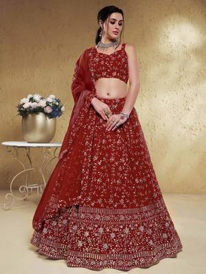 red georgette embroidered lehenga set choli with dupatta 1