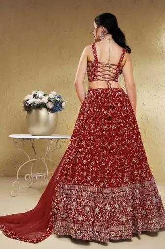 red georgette embroidered lehenga set choli with dupatta