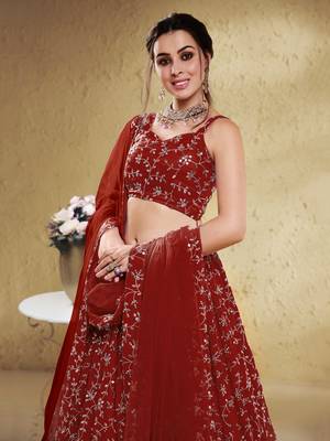 red georgette embroidered lehenga set choli with dupatta 4