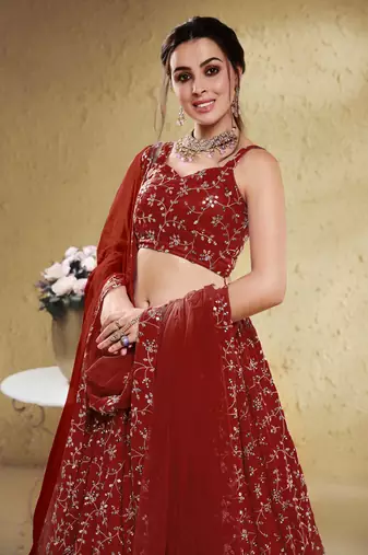 red georgette embroidered lehenga set choli with dupatta