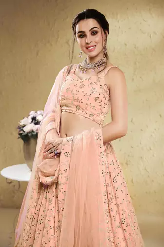 Awesome Pink Embroidered Georgette Bridesmaid Lehenga Choli