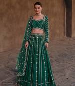 Green Embroidered Chinnon Silk Circular Free Size Stitched Lehenga With Blouse (Size Upto 42) Up To 42" Size