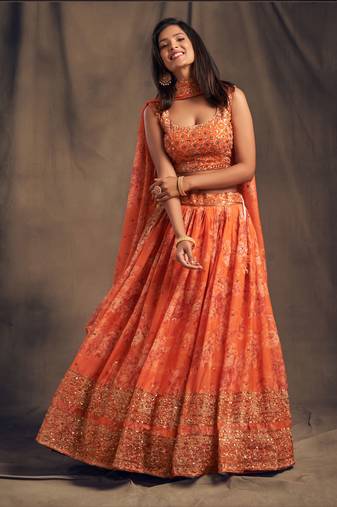 Orange Organza Sequin Embroidered Lehenga
