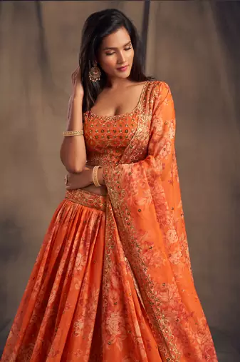 Orange Organza Sequin Embroidered Lehenga