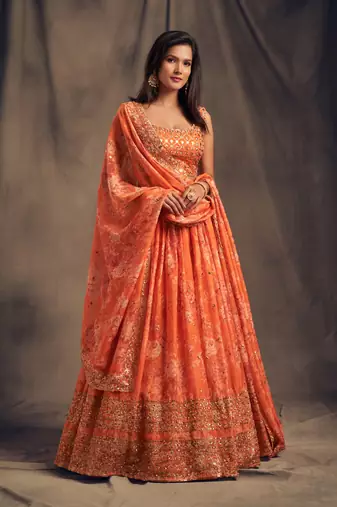 Orange Organza Sequin Embroidered Lehenga