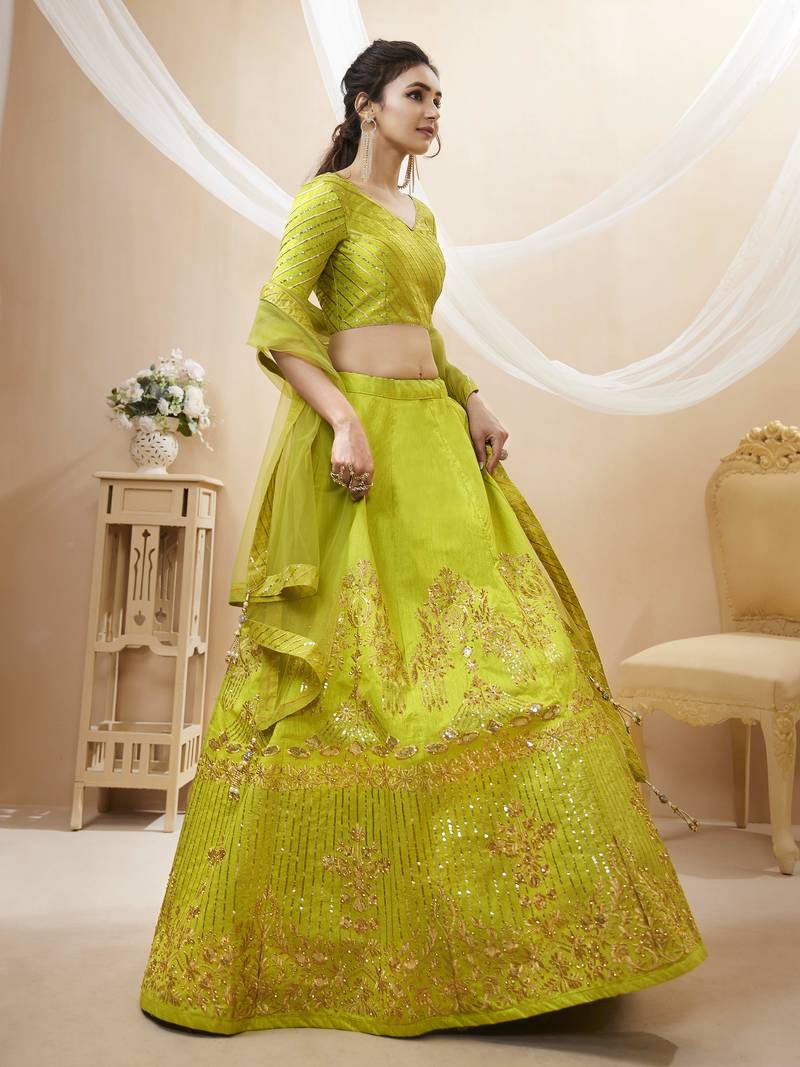 Outstanding Neon Sequins Silk Engagement Wear Lehenga Choli