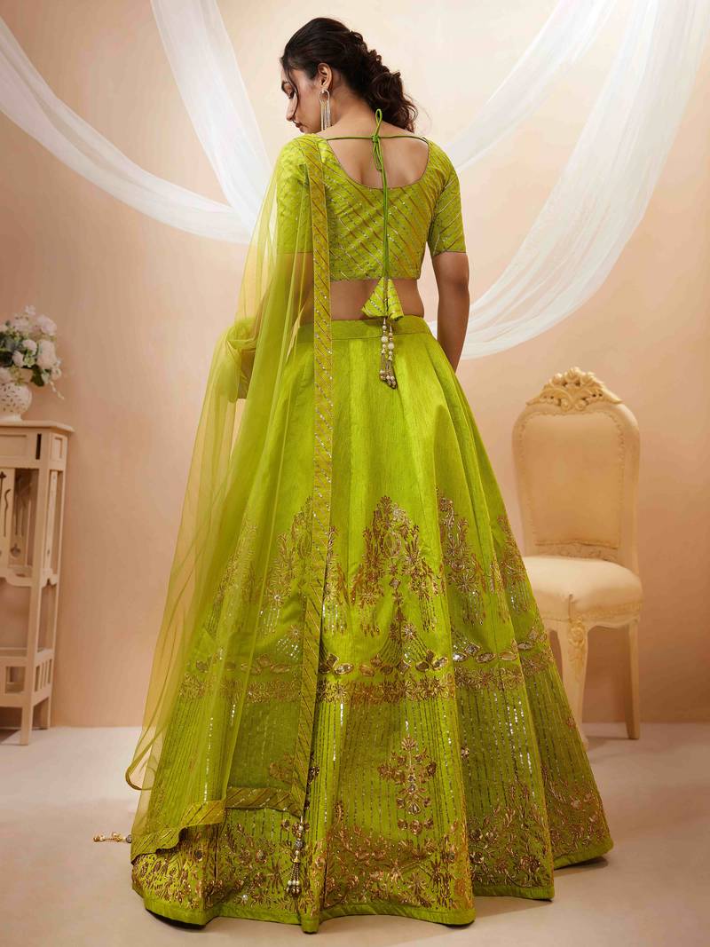 Outstanding Neon Sequins Silk Engagement Wear Lehenga Choli