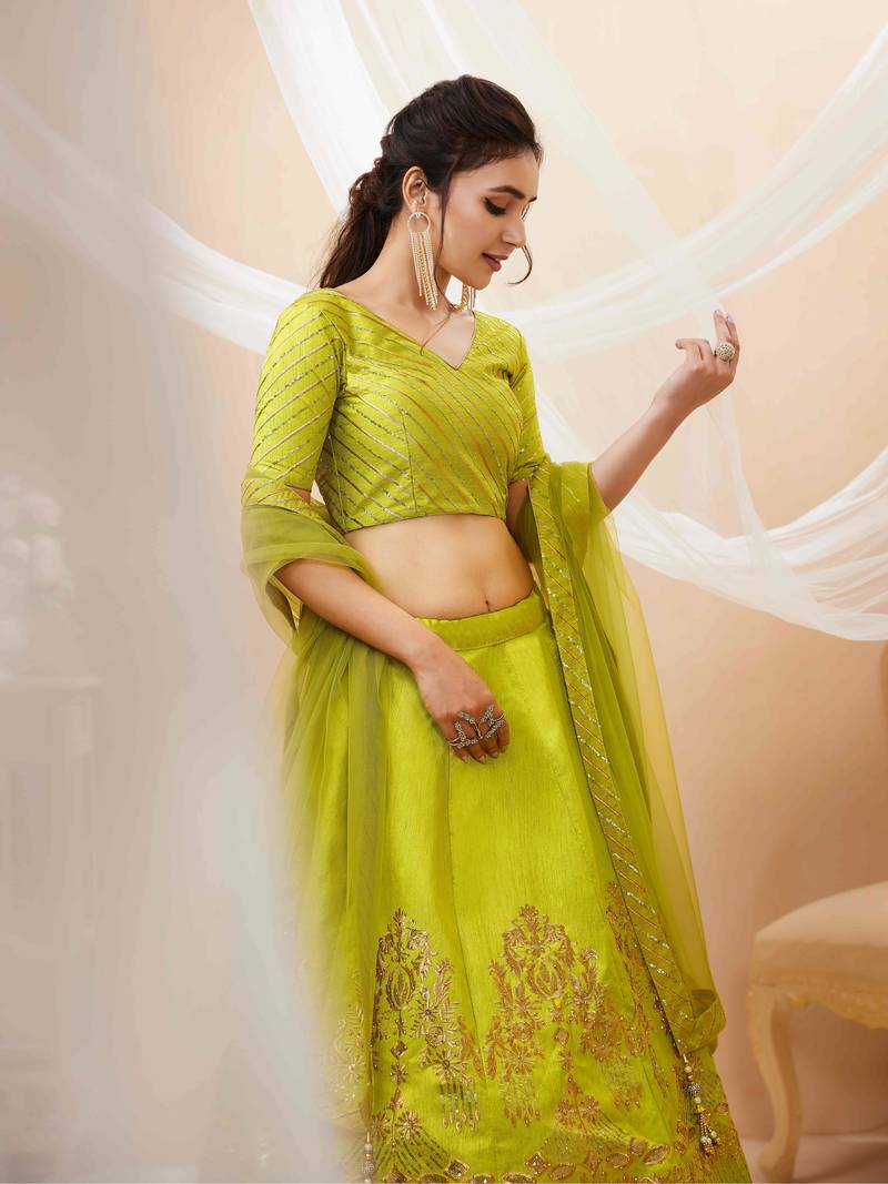 Outstanding Neon Sequins Silk Engagement Wear Lehenga Choli