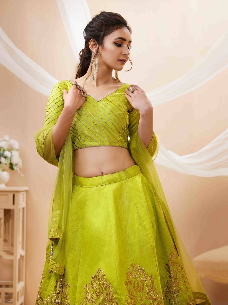 Outstanding Neon Sequins Silk Engagement Wear Lehenga Choli