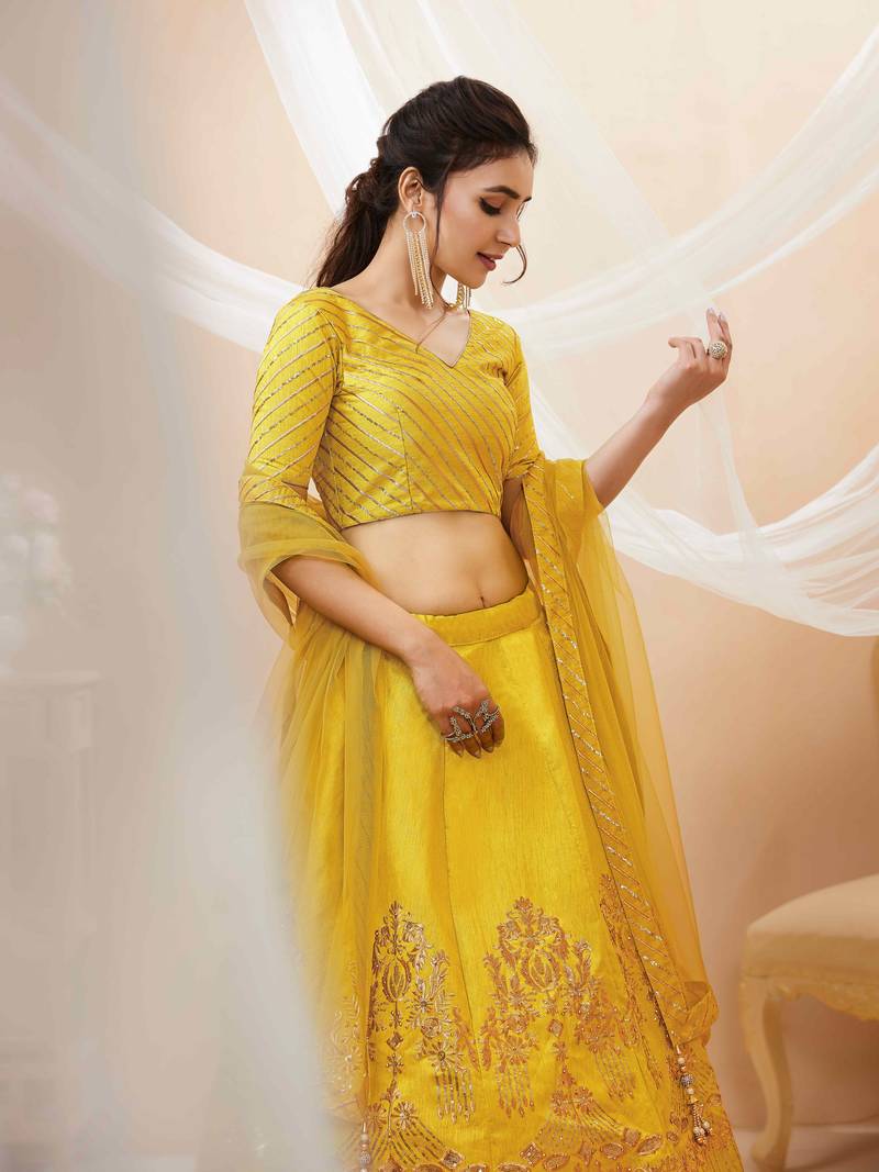 Wonderful Yellow Zari Embroidery Art Silk Bridal Lehenga Choli With Dupatta