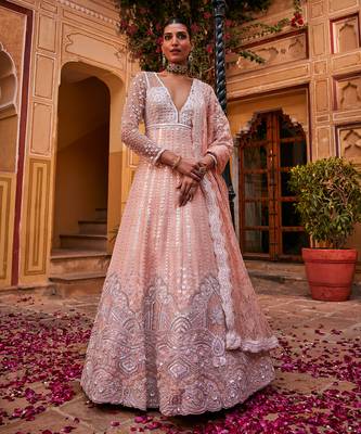 Peach raw silk embroidered anarkali set 1
