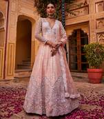 Peach raw silk embroidered anarkali set
