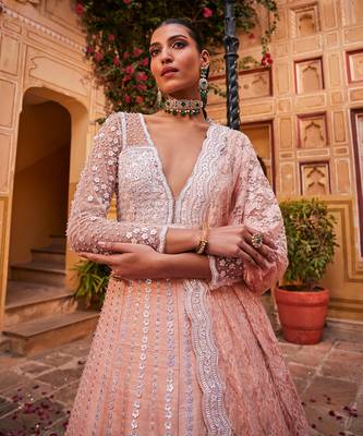 Peach raw silk embroidered anarkali set 2