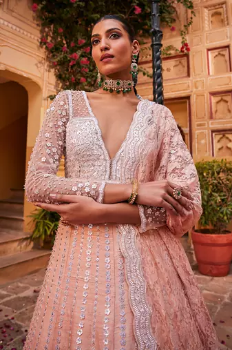 Peach raw silk embroidered anarkali set